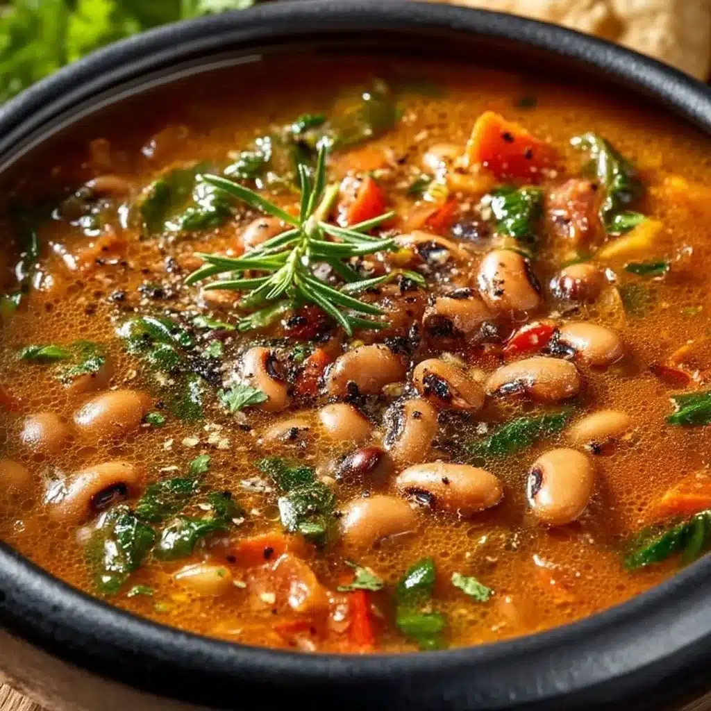 Bowl of delicious black eyed pea soup garnished with herbs and spices