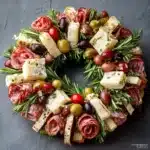 Delicious charcuterie wreath made with meats, cheeses, and fresh herbs