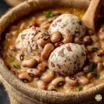Creamy Southern black-eyed peas served in a bowl, garnished with herbs.