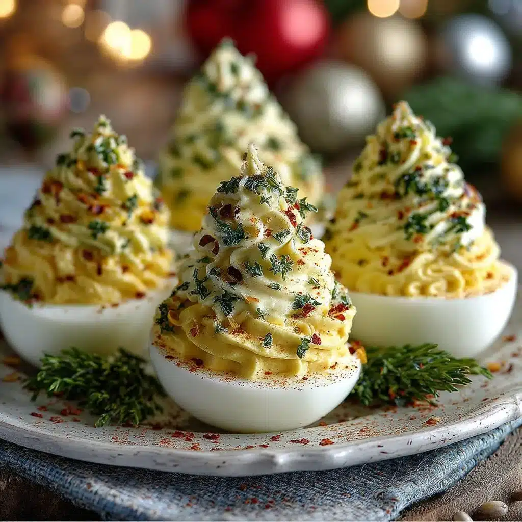 Festive deviled egg Christmas trees served on a platter