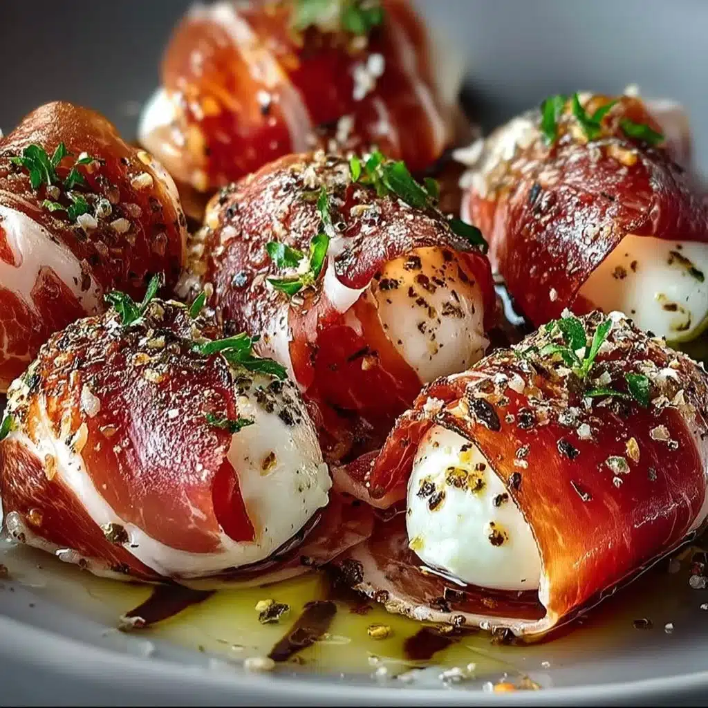 Prosciutto Wrapped Mozzarella Bites appetizer on a serving platter